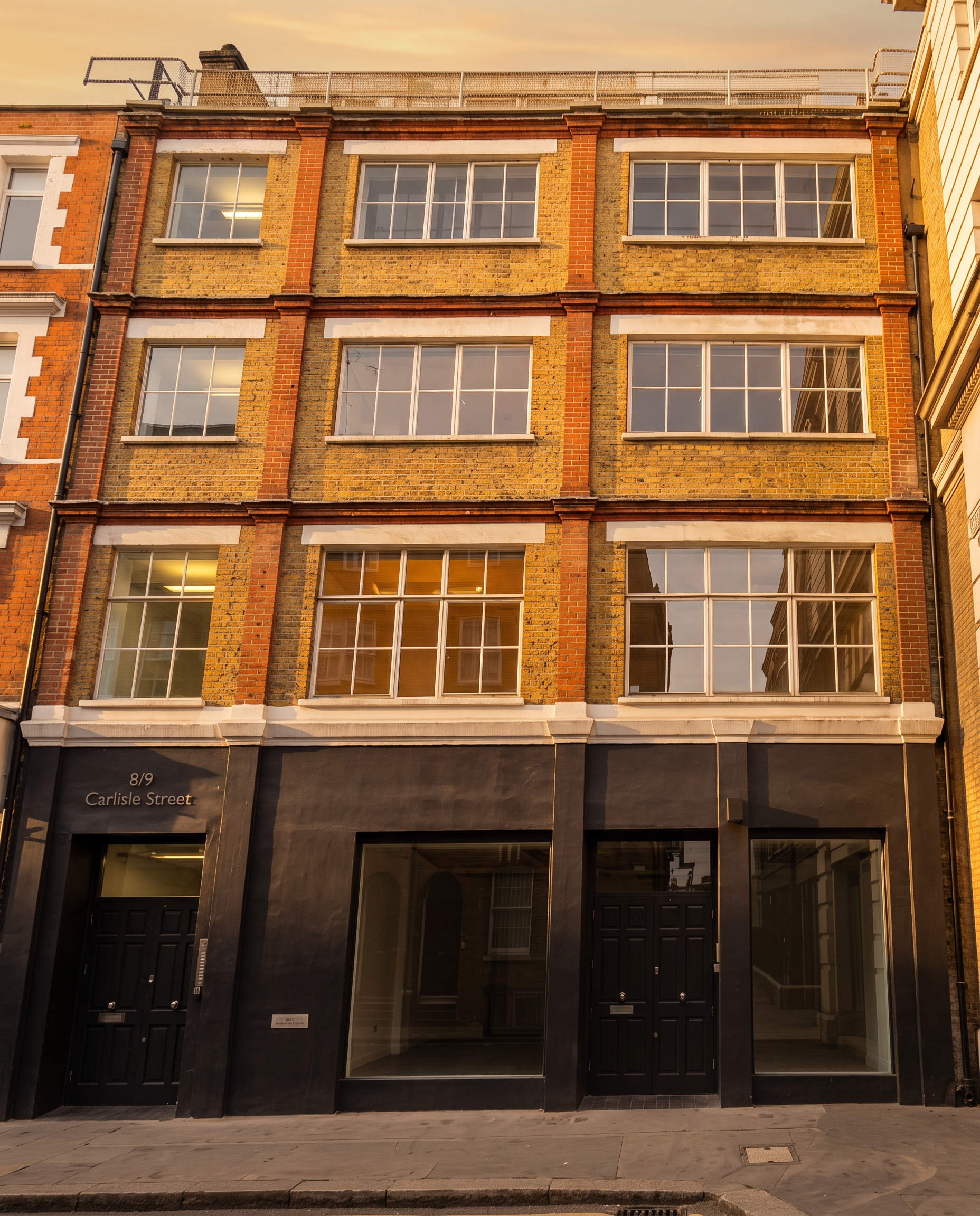 Golden-hour view of 8-9 Carlisle Street, Soho, London